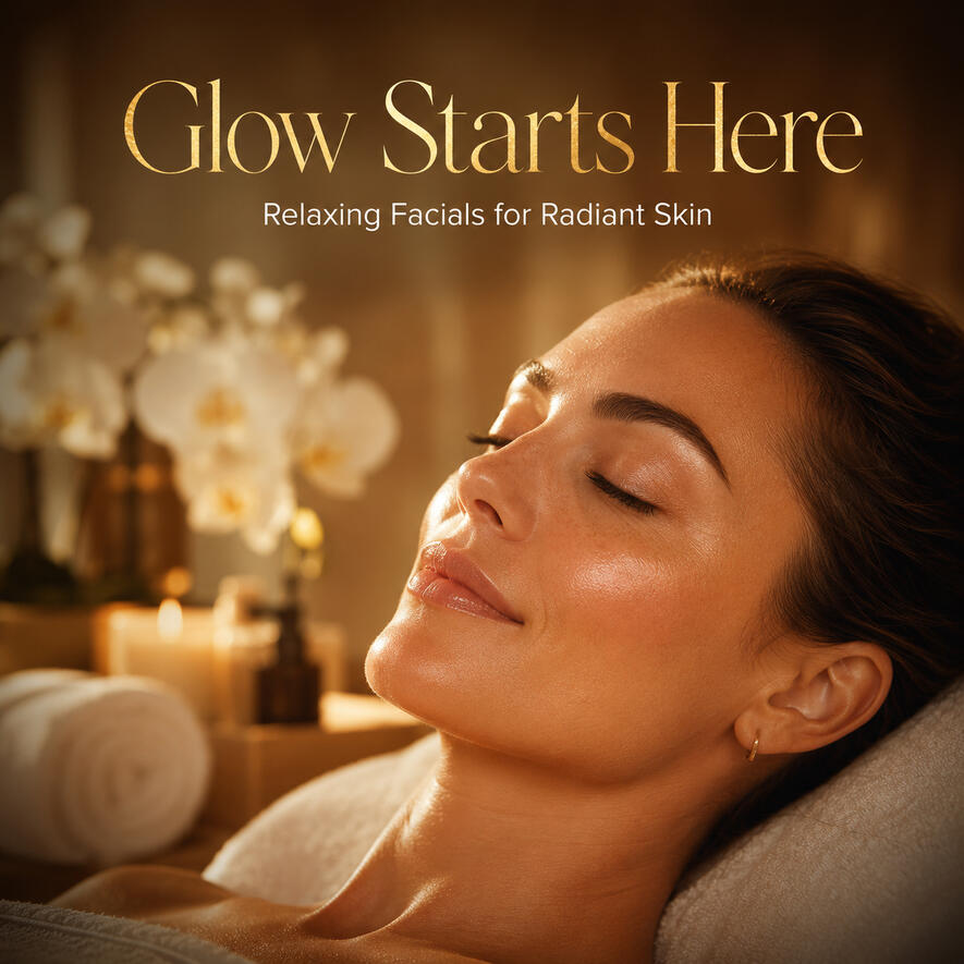 Luxury spa facial promotional post showing a relaxed woman with glowing skin and text promoting relaxing facials for radiant skin.