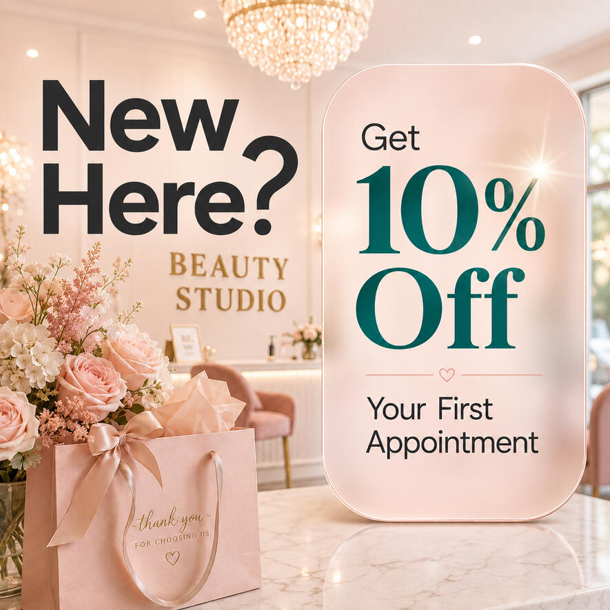 Beauty studio welcome offer post with flowers, gift bag, and text promoting 10% off a first appointment for new clients.
