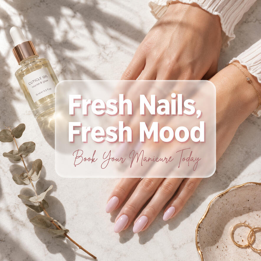 Nail salon promotional post showing soft pink almond-shaped nails with cuticle oil and eucalyptus, inviting clients to book a manicure.