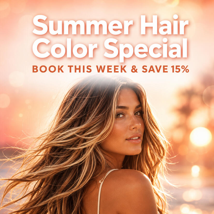 Salon promotional post featuring a woman with sun-kissed balayage hair and text offering 15% off a summer hair color appointment.